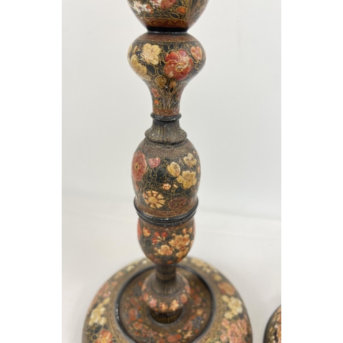 1350 - An early 20th Century turned wooden Kashmiri candlestick holder and table lamp stand in the style of... 