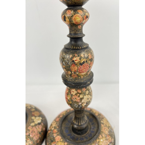 1350 - An early 20th Century turned wooden Kashmiri candlestick holder and table lamp stand in the style of... 