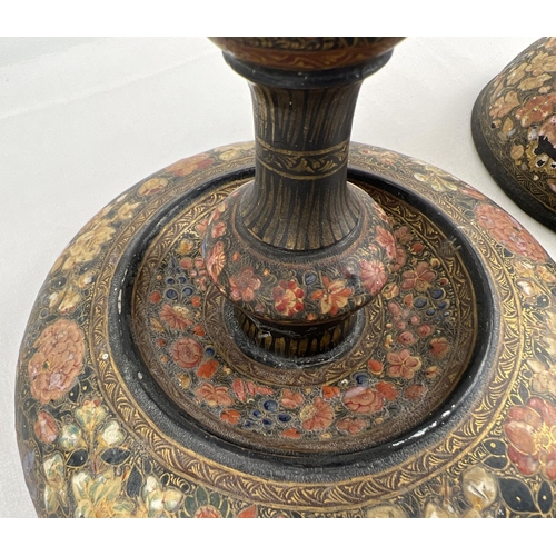 1350 - An early 20th Century turned wooden Kashmiri candlestick holder and table lamp stand in the style of... 