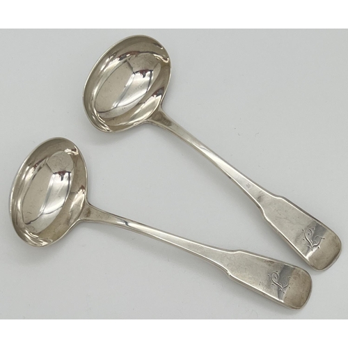 1215 - A pair of William Bateman Georgian silver ladles with engraved initial to handles. Hallmarked to rev... 