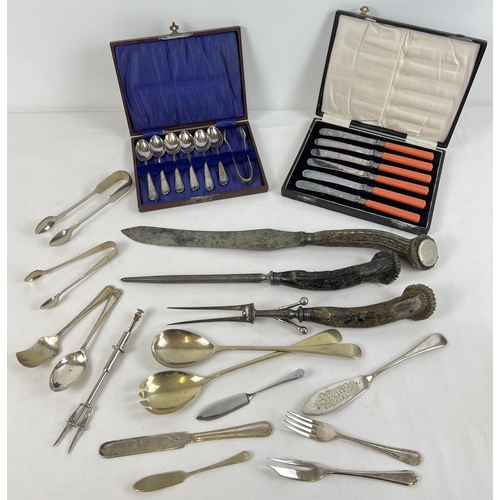 1252 - A collection of vintage boxed and unboxed cutlery. To include Horn handled carving set with hallmark... 