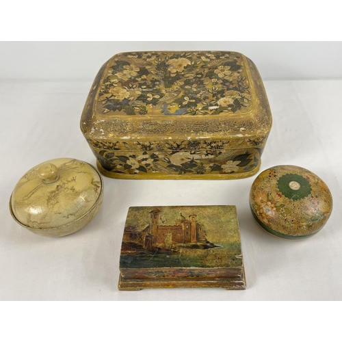 1354 - 4 vintage Papier Mache and wooden trinket boxes. A large lidded Kashmiri box in gold with floral and... 