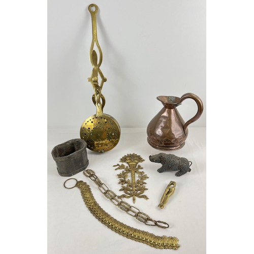 1255 - A collection of mixed metalware to include an antique copper jug, brass chestnut roaster and a 