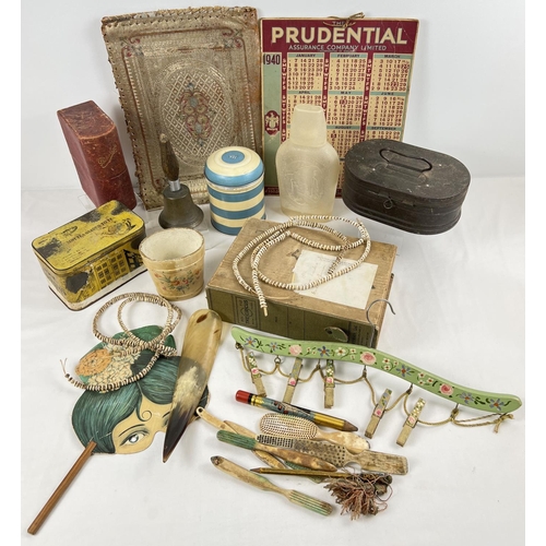 1359 - A box of mixed vintage items to include a Prudtential calendar 1940, wooden handled bell, Early plas... 