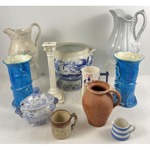 1274 - A collection of antique and vintage ceramics in various conditions. To include 2 blue glaze Minion v... 