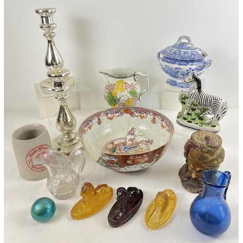 1275 - A box of mixed vintage ceramics and glass ware. To include a famille rose oriental bowl a/f, Staffor... 