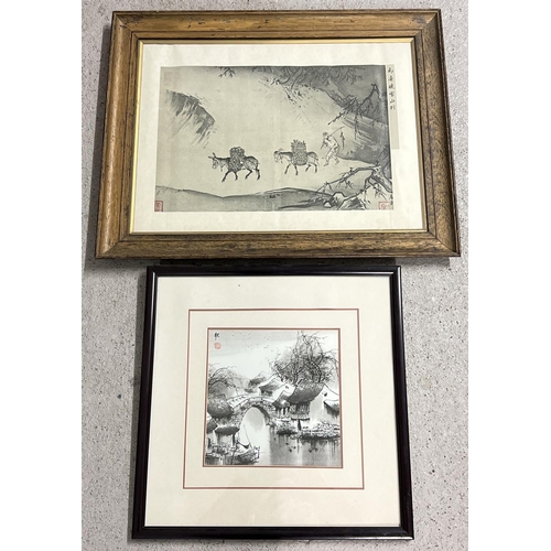 1294 - 2 framed and glazed oriental prints to include a block print in monochrome shades. One Depicting don... 