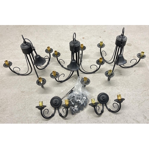 1256 - A black 5 arm Gothic style modern ceiling light together with 2 matching 3 arm ceiling lights and 2 ... 