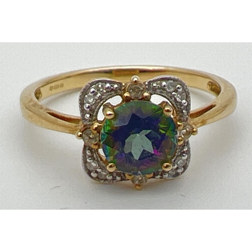 17 - A 9ct gold, mystic topaz and diamond ring in a square shaped basket style setting. Central round cut... 