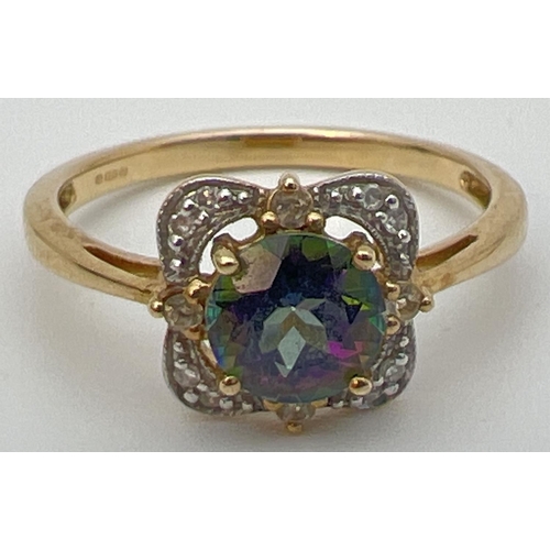 17 - A 9ct gold, mystic topaz and diamond ring in a square shaped basket style setting. Central round cut... 