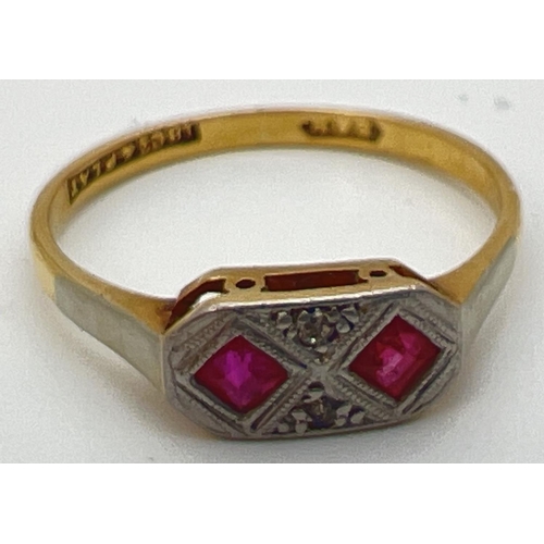 45 - A vintage 18ct gold and platinum Art Deco design ring set with 2 square cut rubies and 2 diamond chi... 