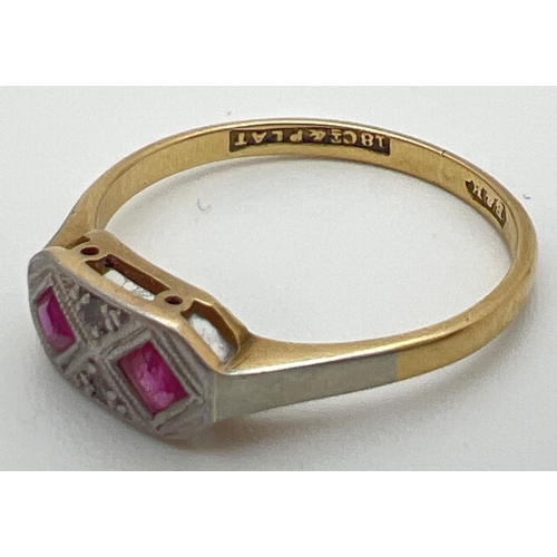 45 - A vintage 18ct gold and platinum Art Deco design ring set with 2 square cut rubies and 2 diamond chi... 