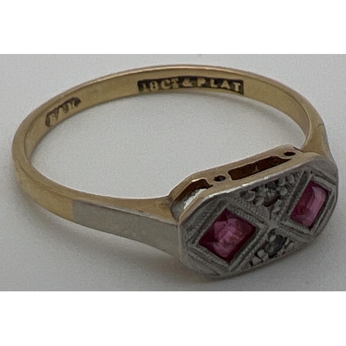 45 - A vintage 18ct gold and platinum Art Deco design ring set with 2 square cut rubies and 2 diamond chi... 