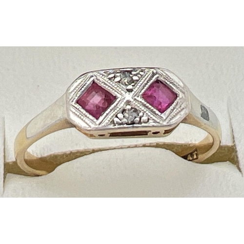 45 - A vintage 18ct gold and platinum Art Deco design ring set with 2 square cut rubies and 2 diamond chi... 