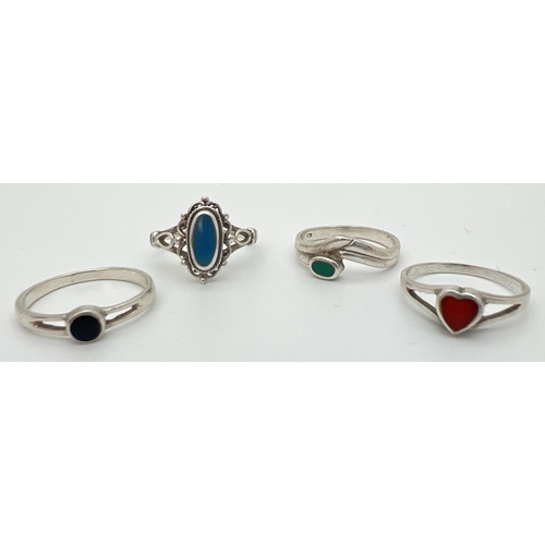 54 - 4 assorted silver dress rings set with natural stone, all size O and O½.