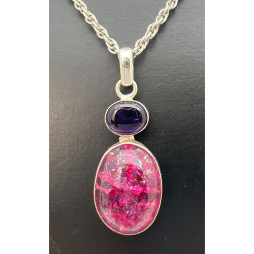 70 - A pink & purple natural stone pendant on an 18