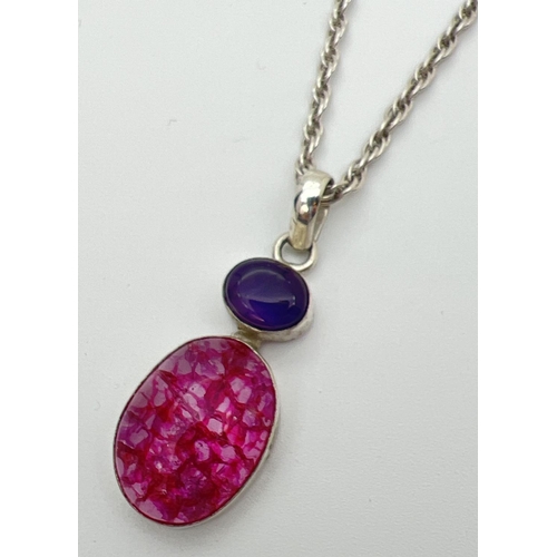 70 - A pink & purple natural stone pendant on an 18