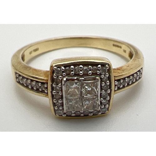 85 - A 10k yellow gold and diamond dress ring with square cut diamonds in a halo style setting. 19 small ... 