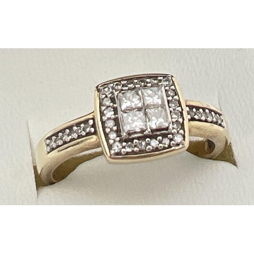 85 - A 10k yellow gold and diamond dress ring with square cut diamonds in a halo style setting. 19 small ... 