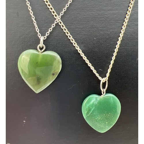 100 - 2 green coloured natural stone heart shaped pendants on chains. Pendants approx. 2.5cm drop, 16