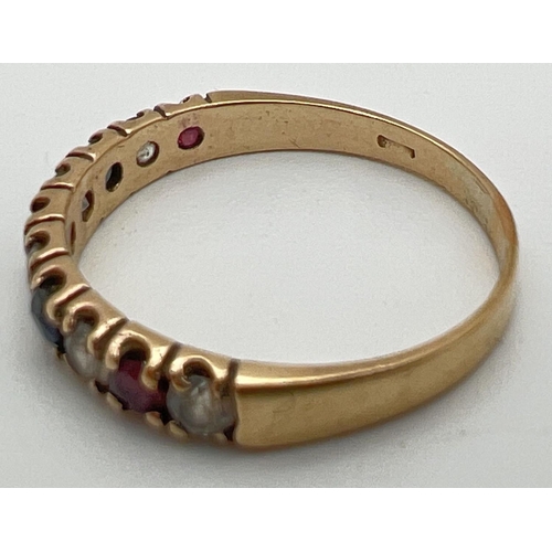 105 - A 9ct gold, ruby, sapphire and clear stone eternity ring, fully hallmarked inside band. Made up of 1... 