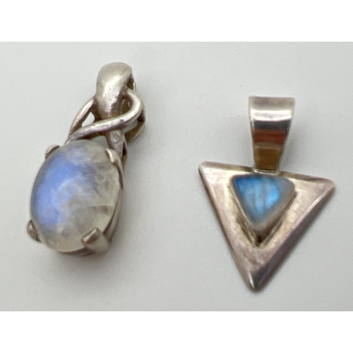 122 - 2 silver and moonstone fixed bale pendants. A 2.5cm drop triangular shaped pendant together with a 3... 