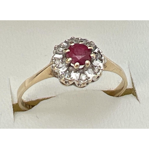 130 - A 9ct gold ruby and diamond ring in a halo style setting. Central round cut ruby surrounded by 8 ill... 