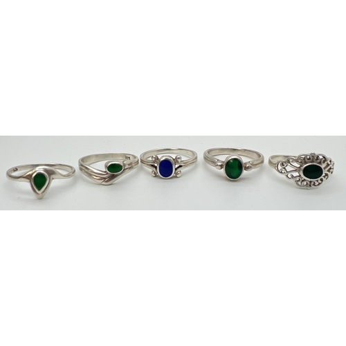 132 - 5 silver rings set with natural stones, in shades of green & blue, varying styles. All stamped/hallm... 