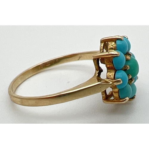 134 - A 9ct gold and turquoise dress ring with 9 cabochons in a flower shaped setting. Fully hallmarked in... 