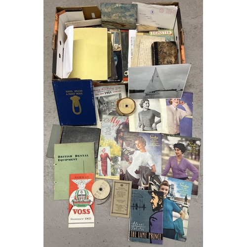 232 - A box of assorted vintage ephemera to include knitting patterns, rolls of Omnibus tickets, postcards... 