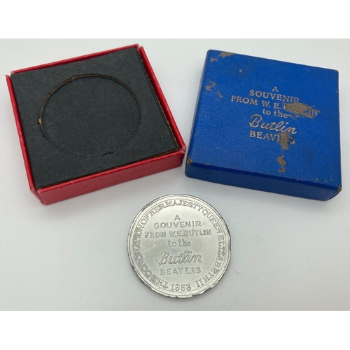 156 - A boxed 1953 Queen Elizabeth Coronation Souvenir Butlins Beavers medallion.