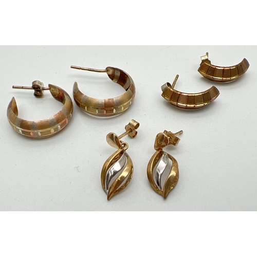 1003 - 3 pairs of 9ct tri-coloured gold vintage style earrings. 2 pairs of half hoop style and a pair of tw... 