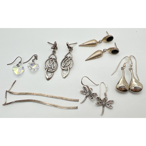 1027 - 6 pairs of silver and white metal drop style earrings for pierced ears. To include Celtic knot desig... 