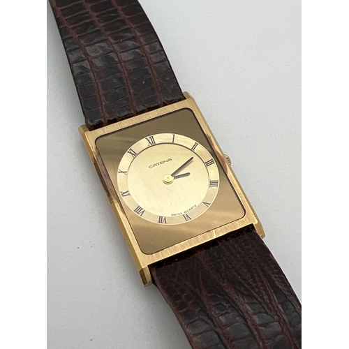 A vintage Catena Swiss quartz square shaped gold tone watch, with