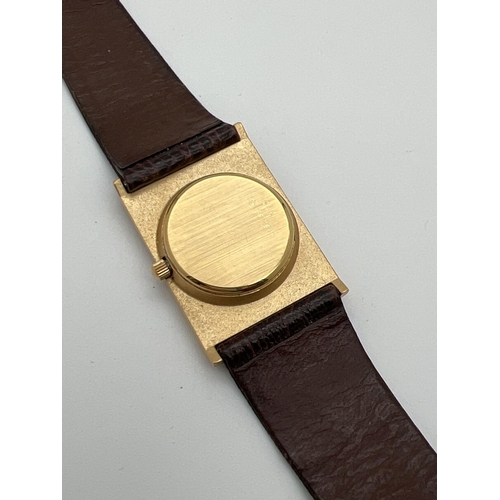 1120 - A vintage Catena Swiss quartz square shaped gold tone watch, with original brown leather strap. Circ... 