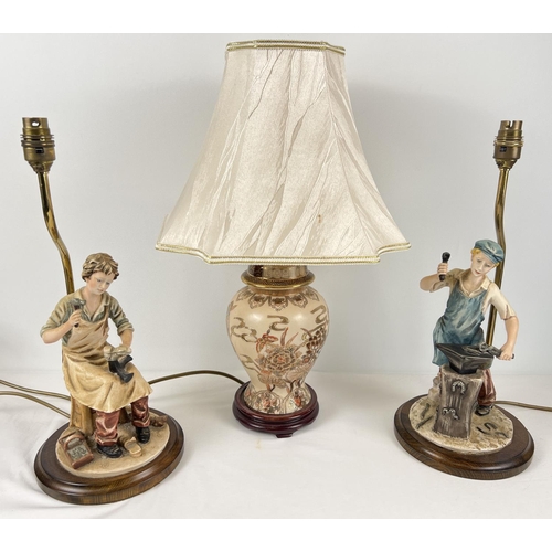 1333 - 3 table lamps. A pair of ornamental figural lamps featuring a blacksmith & a cobbler, on wooden plin... 