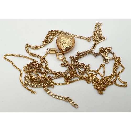 1075 - A small quantity of scrap 9ct gold, to include a heart charm and broken chains. Marked or test as 9c... 