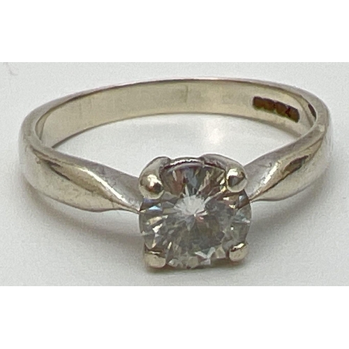 1091 - A 9ct white gold .75ct moissanite solitaire engagement/dress ring. Full hallmarks to inside of band.... 