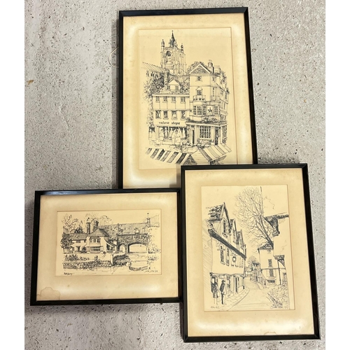 1305 - 3 vintage 1970's John Sutton ink sketches of scenes from Norwich. All framed and glazed in simple bl... 