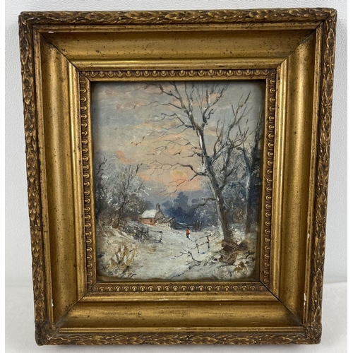 1307 - A small gilt framed and glazed vintage oil painting of a winter scene. No visible signature. frame s... 