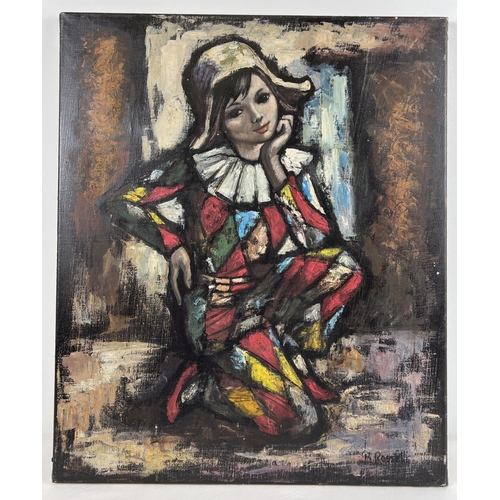 1311 - An oil on canvas of a young girl in a harlequin outfit by P. Rossolli. Signature to bottom right. Ap... 