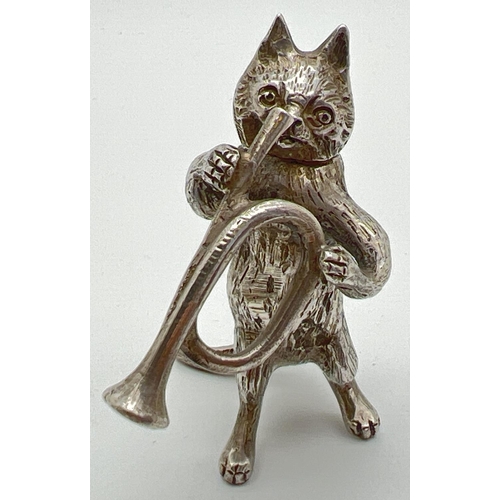 1148 - An Edwardian silver novelty container modelled as a cat playing the bugle, with hinged head. Import ... 