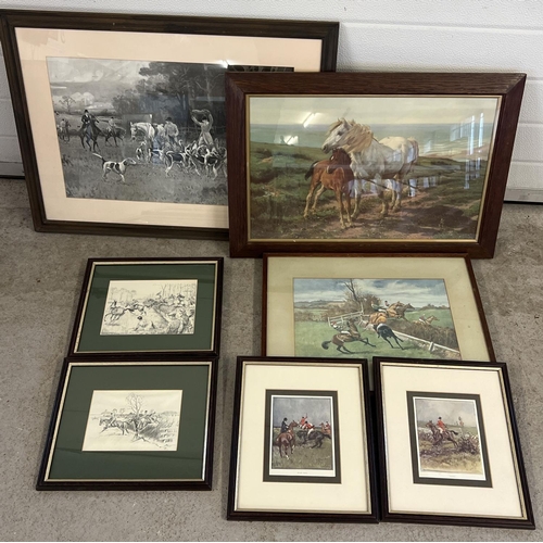 1314 - 7 framed and glazed prints of hunting scenes and horses. largest frame size approx. 54cm x 75cm