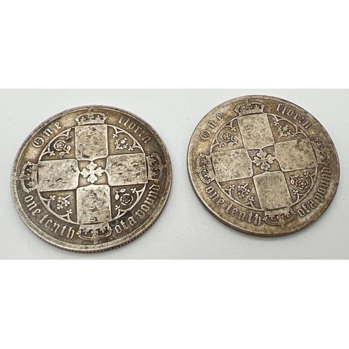 8 - 2 Victorian Gothic head silver florin coins, dated 1878 and 1883. Wear to both coins.