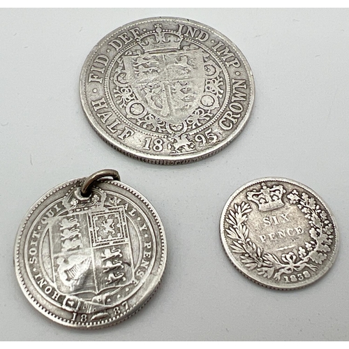 9 - 3 Victorian silver coins. An 1895 veiled head half crown, 1887 Jubilee head shilling with pierced ho... 