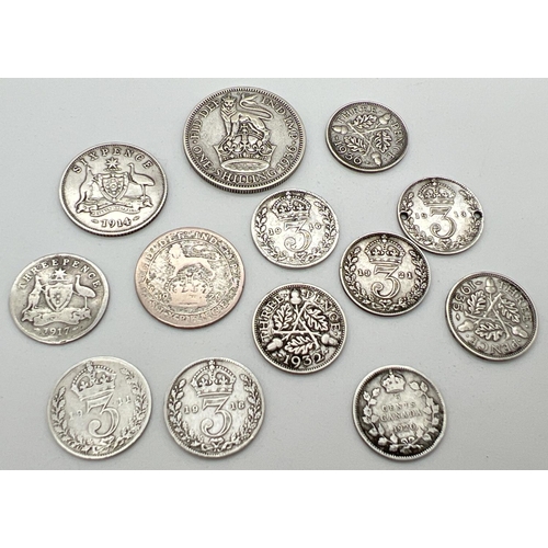 11 - 13 silver and half silver George V coins, in varying conditions. To include 1914 Australian silver s... 