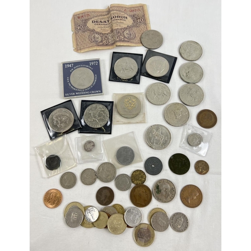 67 - A collection of assorted vintage British & overseas coins and a bank note. To include: Victoria & Ge... 