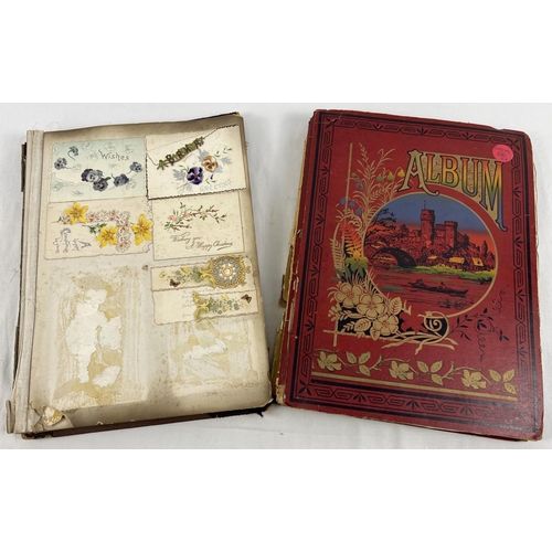 173 - 2 Victorian/Edwardian scraps albums (a/f). Red album containing assorted scraps, prints and greeting... 