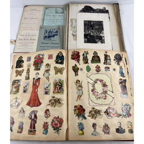 173 - 2 Victorian/Edwardian scraps albums (a/f). Red album containing assorted scraps, prints and greeting... 