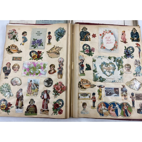 173 - 2 Victorian/Edwardian scraps albums (a/f). Red album containing assorted scraps, prints and greeting... 